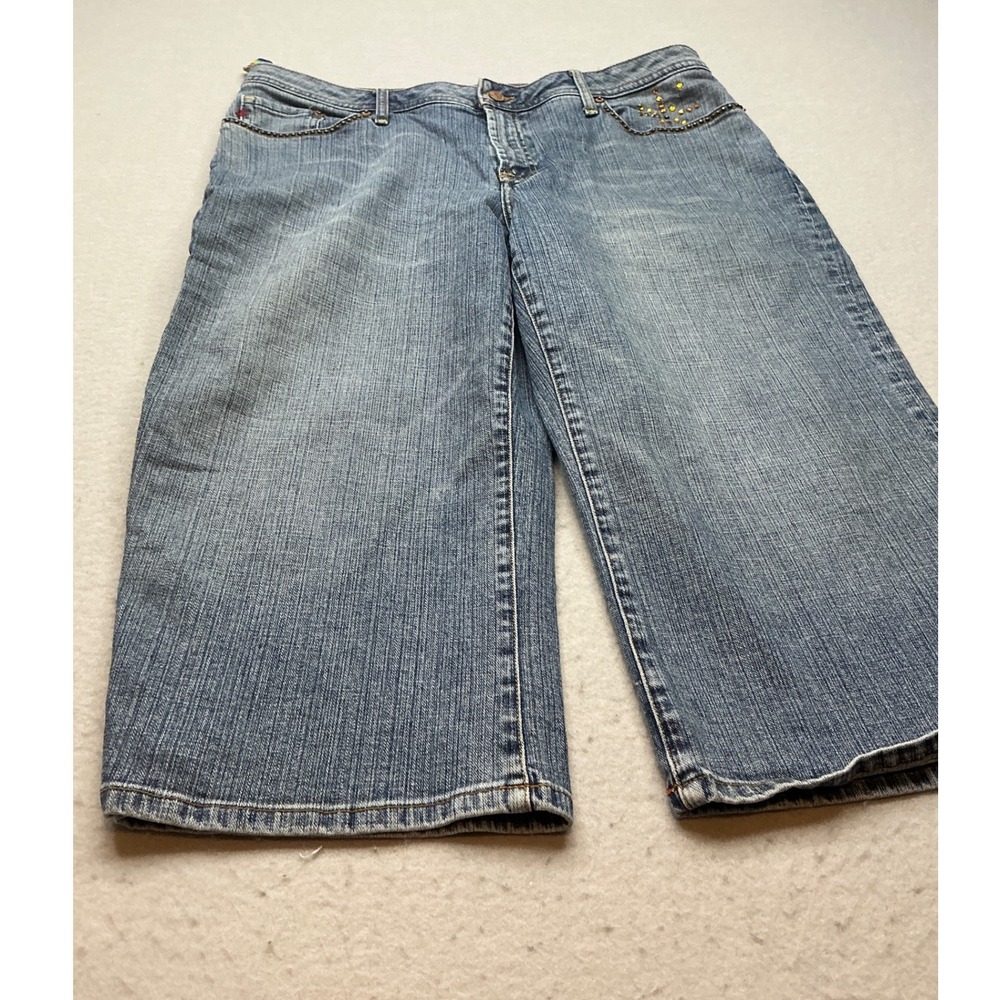 Seven7 Y2K Denim Capris Embellished Rhinestone Wide Leg Blue Jeans Women 14
